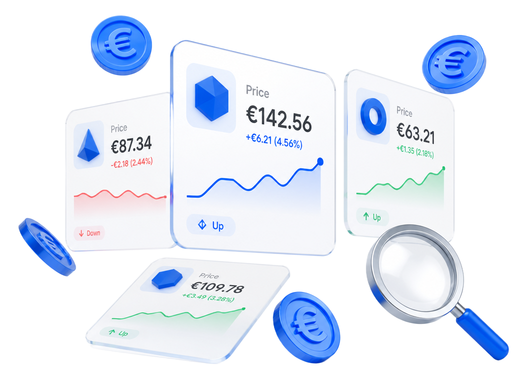 3D floating glass price cards with euro price tags, sparklines and coins