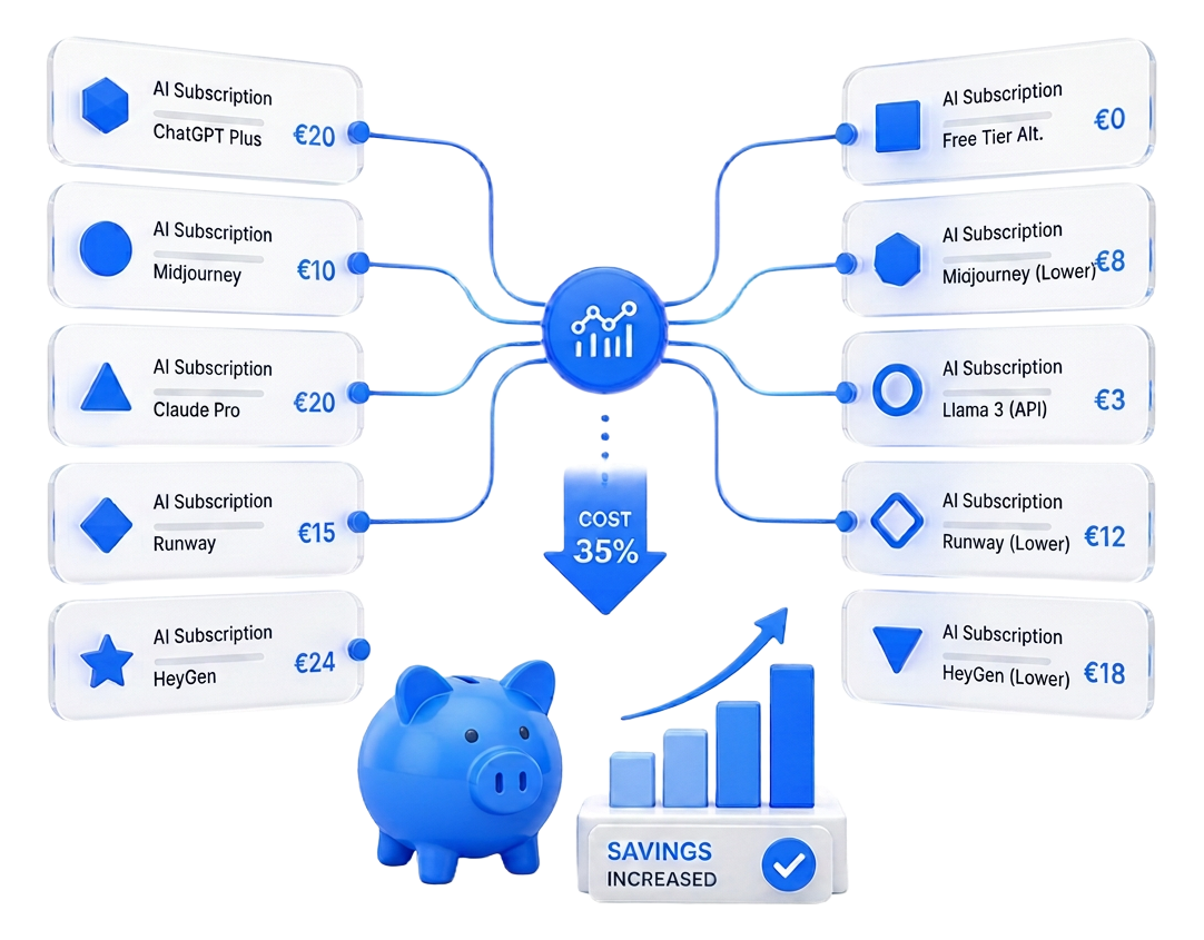 3D optimization flow rearranging subscription cards into a cheaper stack with a savings chart and piggy bank