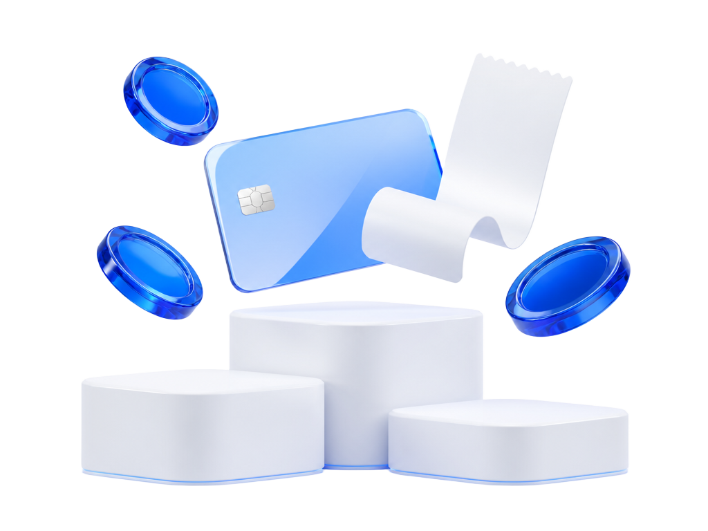3D credit tokens stacking into three pricing tiers with a glass credit card and a receipt