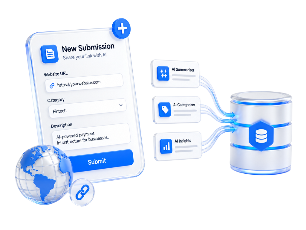 3D submission form card with a globe, link icon and AI tool cards flowing into a database