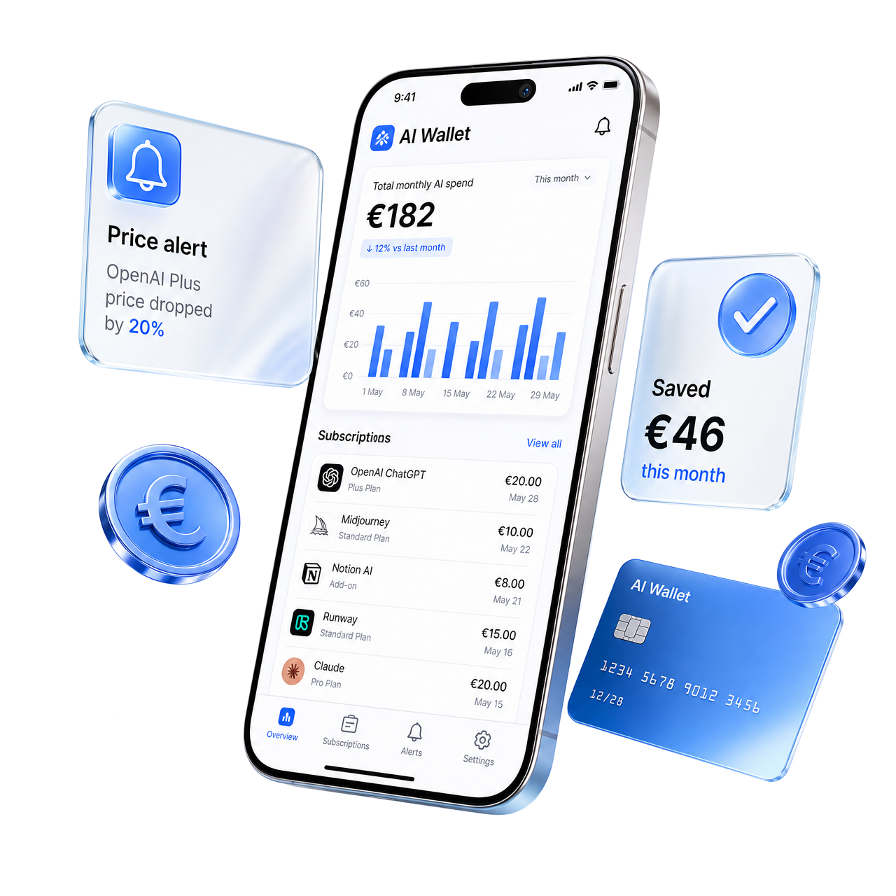 3D AI Wallet app on a smartphone showing monthly AI spend, price alerts and savings