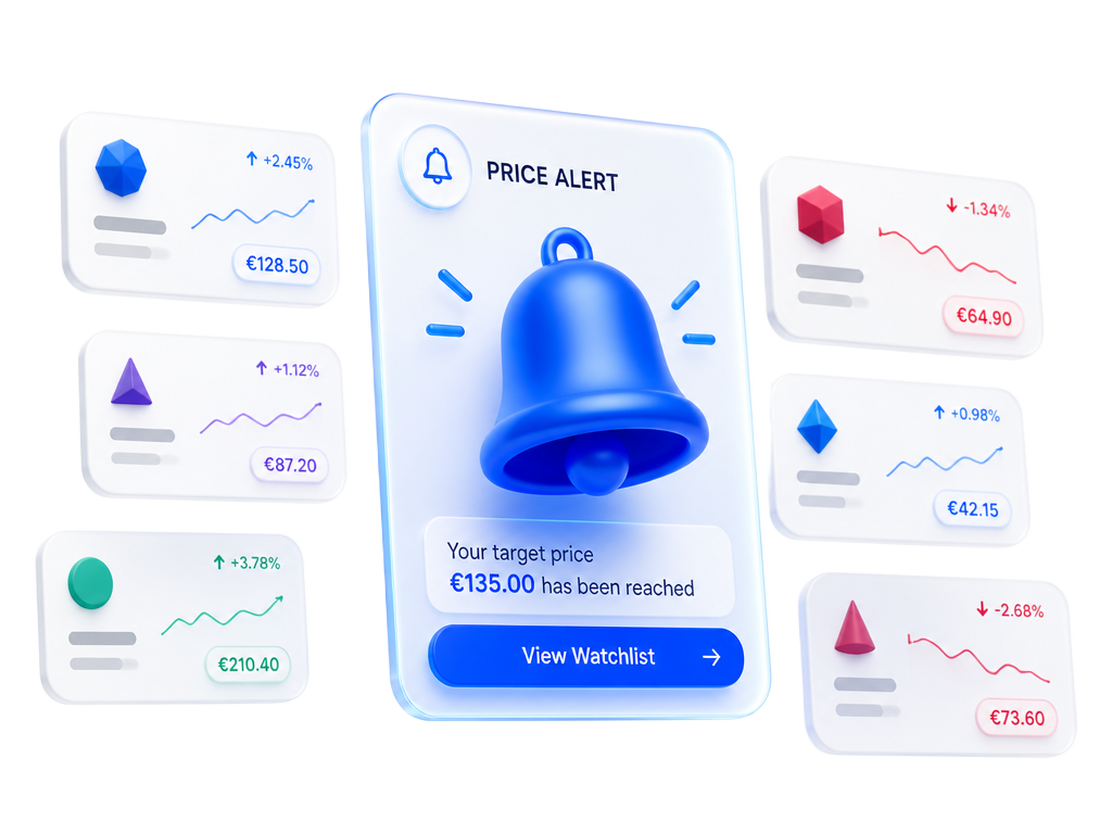 3D price alert card with a blue bell surrounded by floating watchlist cards showing price movements