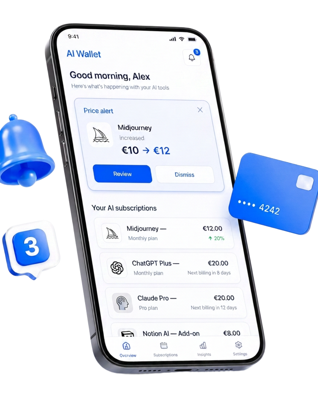 3D smartphone showing an AI Wallet price alert for a subscription increase