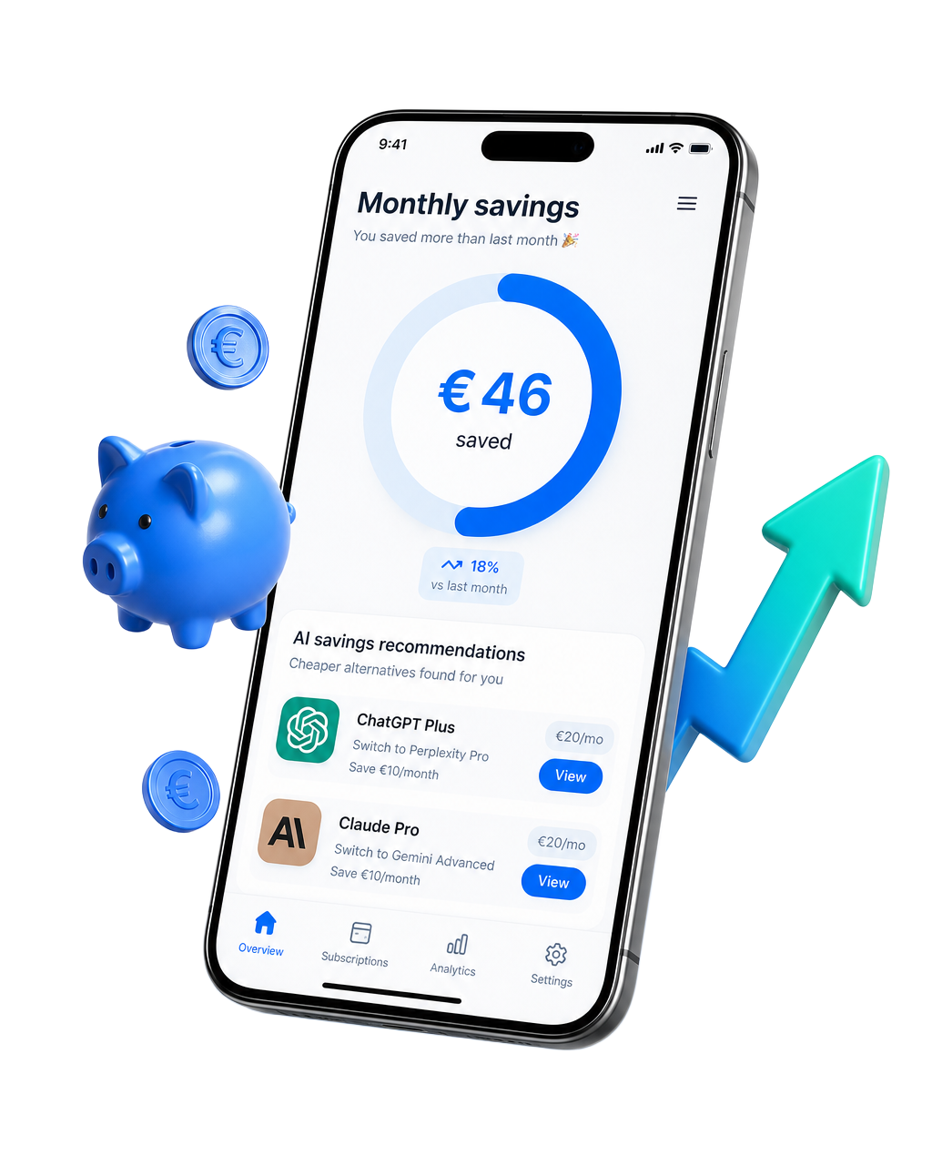3D smartphone showing AI Wallet monthly savings and cheaper alternative recommendations