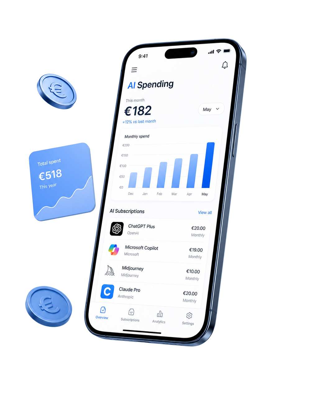 3D smartphone showing the AI Wallet AI spending dashboard with monthly totals and a spend chart